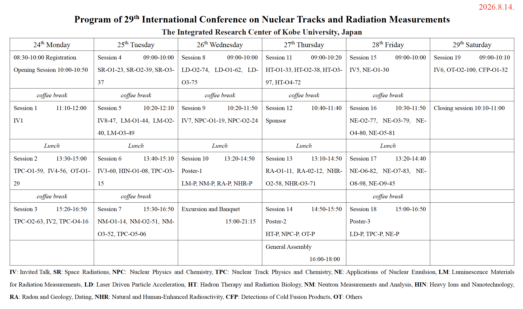 Program of 29th International Conference on Number Tracks in Solids.